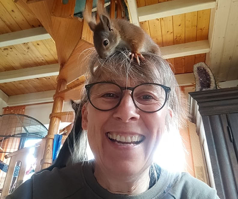 Eichhörnchen auf dem Kopf der Betreuungsperson